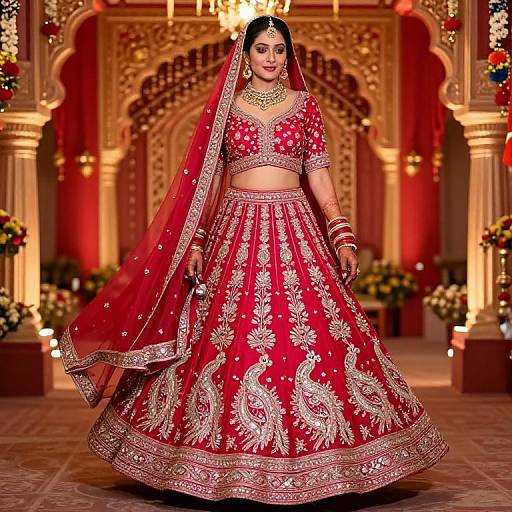 Photograph of a South Asian bride in a red, gold-embroidered lehenga and veil, standing in an ornately decorated, red-l