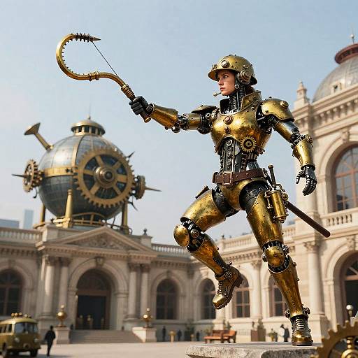 Steampunk Engineer Leaping with Grappling Hook