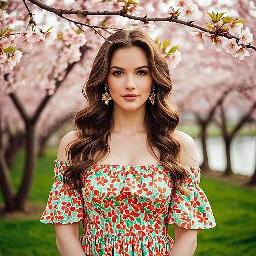 Young Woman in Colorful Dress Among Cherry Blossoms