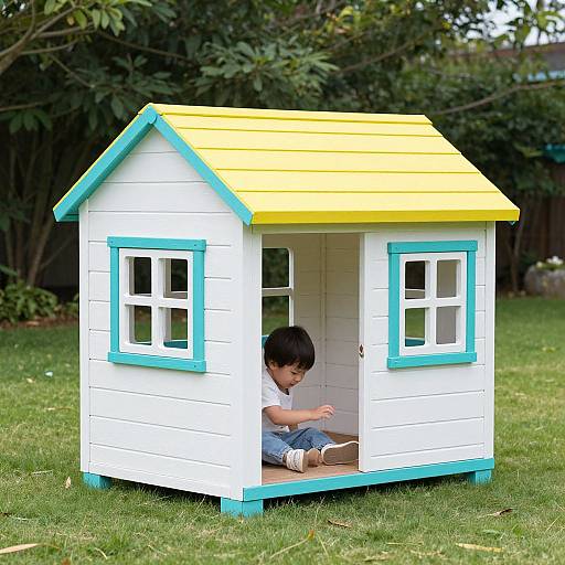 Photograph of a young Asian boy with black hair, wearing a white shirt and blue jeans, playing inside a colorful wooden playhouse with yellow roof,