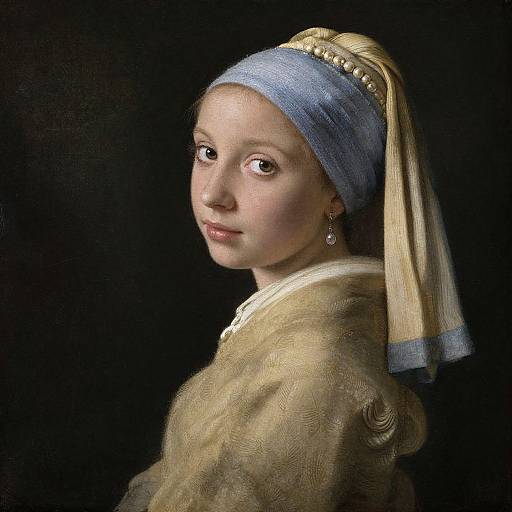 Classical oil painting of a young woman with fair skin, blue headscarf, golden headdress, pearl earrings, and beige dress, looking over