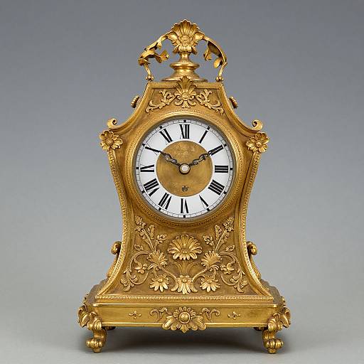 Ornate, gold, Victorian-style clock with black Roman numerals, intricate floral carvings, and a decorative crown top, set against a