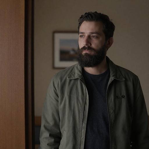 Bearded Man in Green Jacket Indoors