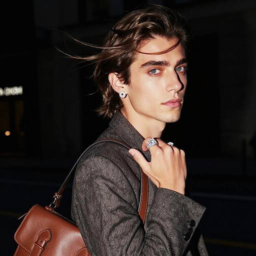 Photograph of a young man with fair skin, blue eyes, and dark hair, wearing a black textured coat, brown leather bag, and bold rings