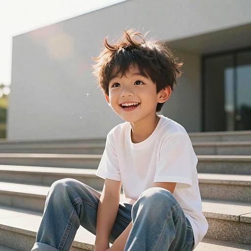 Photograph of a smiling Asian boy with spiky black hair, wearing a white t-shirt and blue jeans, sitting on sunlit steps in front of