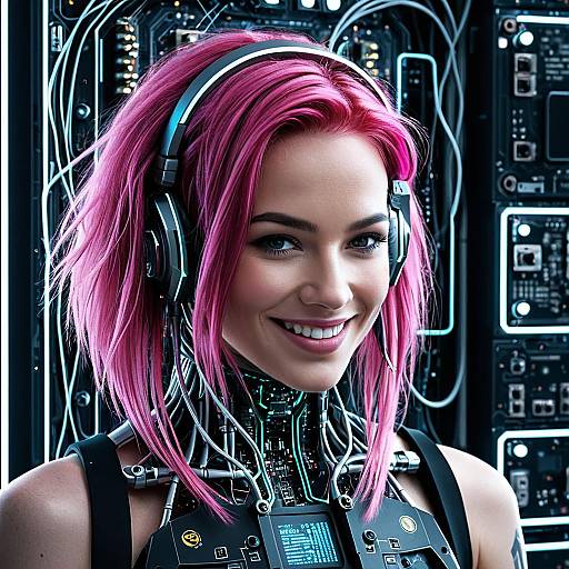 Smiling Female Cyborg with Pink Hair