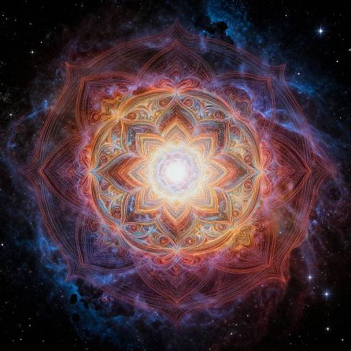 Digital artwork of a vibrant, glowing mandala with intricate, symmetrical patterns in red, orange, and yellow, set against a dark, starry