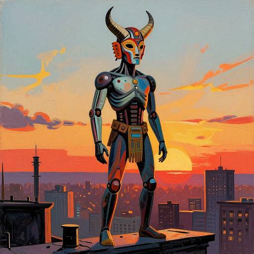 Cyborg with Horned Mask at Sunset
