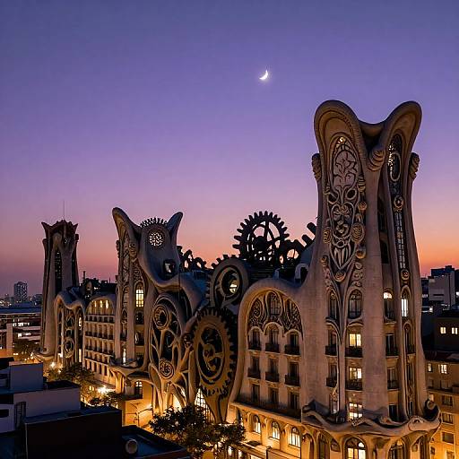 Photograph of a surreal, industrial-style building at twilight with intricate gear-like patterns, illuminated windows, and a crescent moon in a purple-orange sky