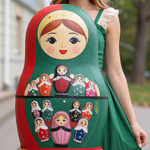 Photograph of a pregnant woman wearing a green dress with a colorful, painted, cartoon-style nativity scene featuring children in traditional outfits. Background: blurred