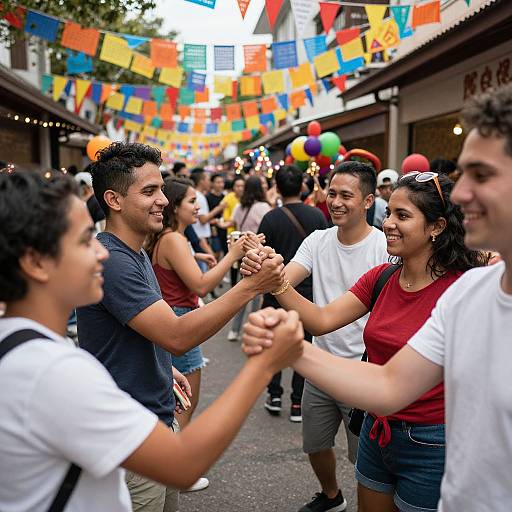 Photograph of diverse young people laughing and shaking hands on a colorful, festive street, adorned with multicolored flags, and surrounded by shops.