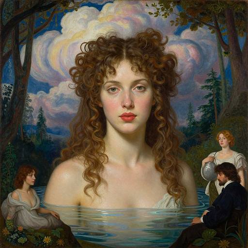 Pre-Raphaelite painting of a fair-skinned, curly-haired woman with red lips emerging from a forest pond, surrounded by two clothed figures under