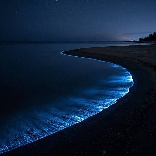 Photograph of a dark, starlit beach at night, featuring a glowing, blue-lit shoreline curved gently into the calm sea.