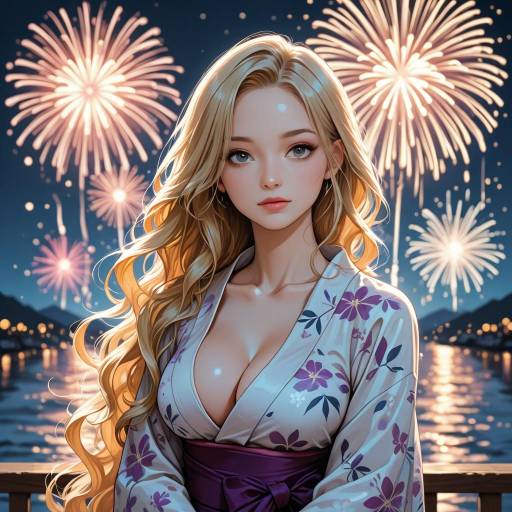Blonde Girl in Kimono with Fireworks