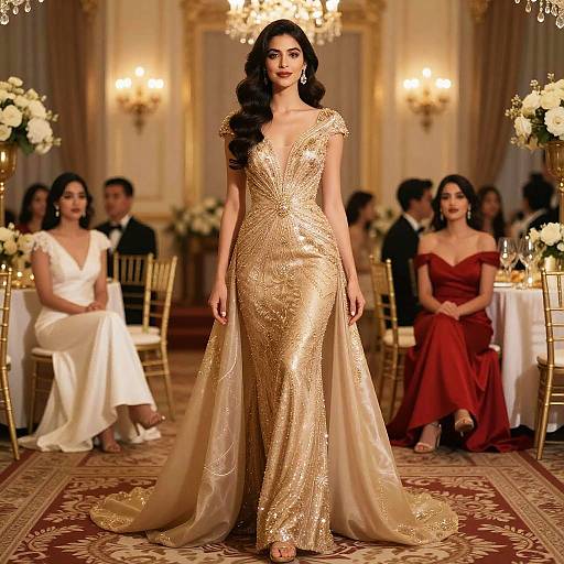 Elegant Woman in Gold Dress at Banquet