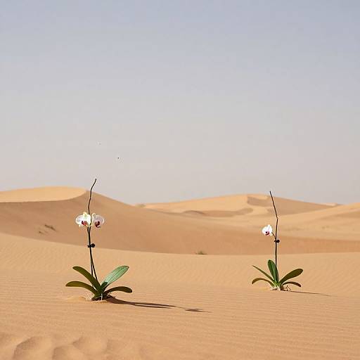 Photograph of two delicate white orchids with purple centers standing tall in golden sandy dunes under a clear, pale blue sky.