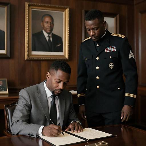 Man in Suit Signing Document with Military Officer Standing