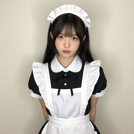 Photograph of an East Asian woman with long black hair, wearing a traditional black and white French maid outfit, standing against a plain white background. She