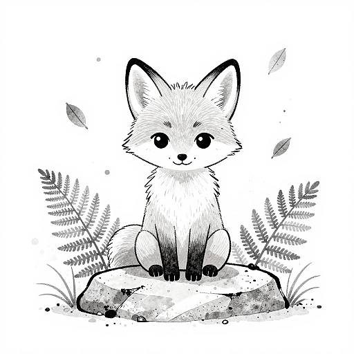Black and white digital drawing of an adorable, cute fox with large eyes, sitting on a rock amidst ferns.