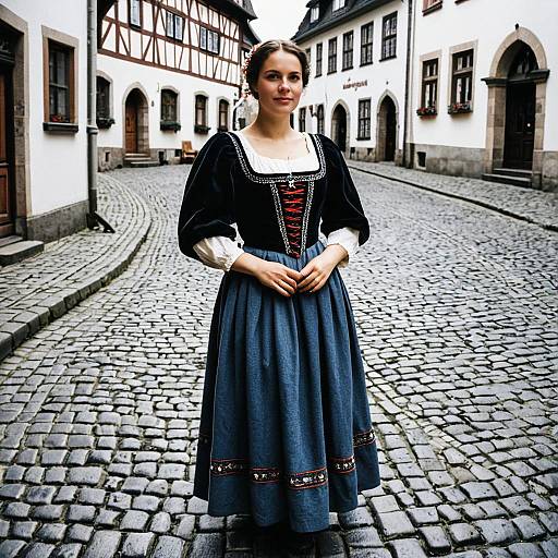 Photograph of a young woman in a traditional black and blue dirndl dress, standing on a cobblestone street in a quaint European village with half