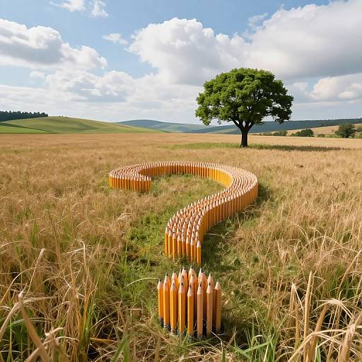 Photograph of a curved, orange wooden picket fence in a sunlit, golden grassy field with a single large green tree under a bright blue