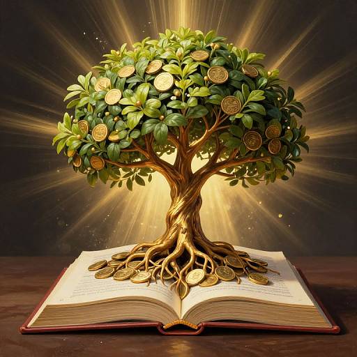 Digital artwork of a golden tree with coin-covered leaves, roots emerging from an open book, radiating golden light against a dark background.