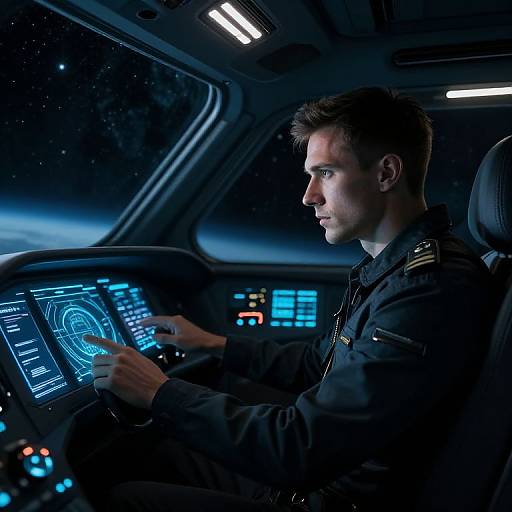 Photograph: Serious male astronaut with short brown hair, wearing dark uniform, intensely focuses on glowing blue spaceship control panel in dimly lit cockpit.