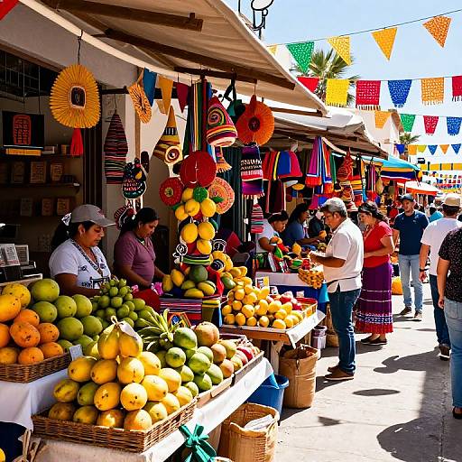 Vibrant outdoor market scene with colorful textiles, hanging sun hats, and baskets of yellow and green fruits, bustling with shoppers.