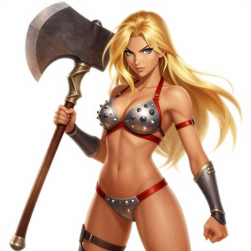 Digital artwork of a muscular, blonde, blue-eyed warrior woman with spiked silver armor, red straps, and holding a large axe, standing confidently against a