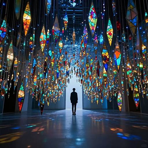 Photograph of a silhouetted person standing in a brightly lit, colorful, stained-glass art installation hallway with hanging, multicolored,