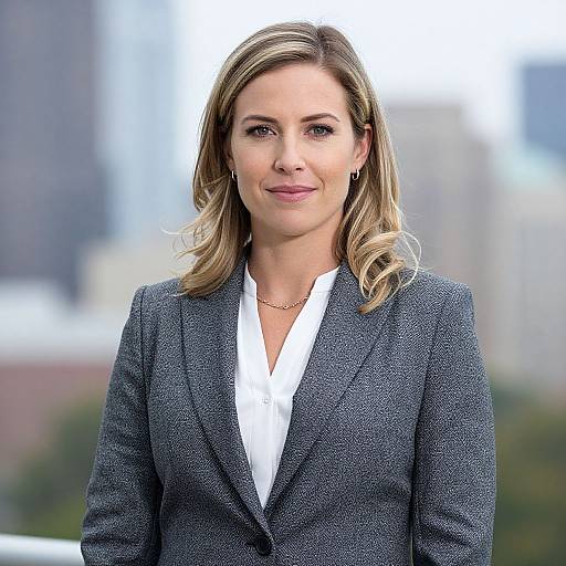 Photograph of a smiling blonde woman with blue eyes, wearing a gray blazer over a white blouse, standing outdoors with blurred urban background.