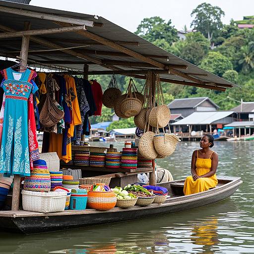 Photograph of a woman in a yellow dress seated on a wooden boat selling colorful woven baskets and clothes, floating on a serene river with lush greenery