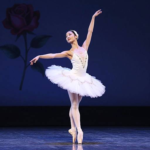 Photograph of a ballerina in a white tutu and pointe shoes, gracefully dancing on stage with a large rose silhouette in the dark background