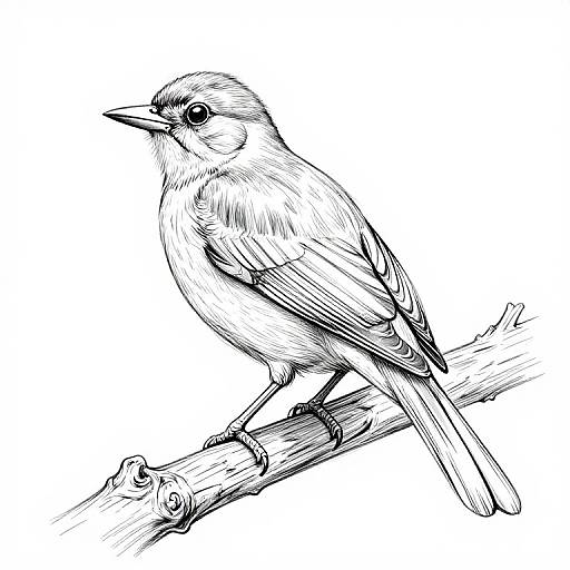 Black and white sketch of a small bird perched on a branch, detailed with fine lines, showing feathers and texture.
