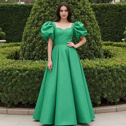 Photograph of a woman with long dark hair wearing a vibrant green, puffed-sleeve, floor-length gown, standing in front of well-man