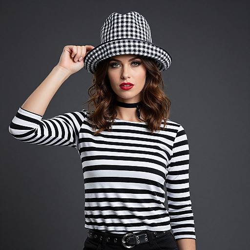 Photograph of a woman with wavy brown hair, red lipstick, black-and-white striped shirt, black-and-white checkered hat, dark background.