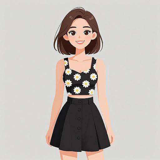 Digital illustration of a smiling young woman with brown hair, wearing a black floral crop top and high-waisted black skirt with buttons. White background.