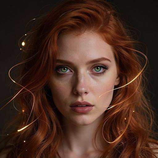 Photorealistic portrait of a fair-skinned, red-haired woman with striking green eyes, glowing light trails, and a dark background.