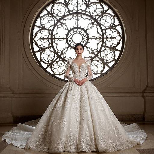 Photograph of a bride in an elegant, white, lace-embellished ball gown with long sleeves, standing before a large, circular stained glass
