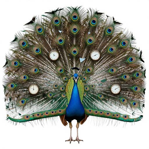 Vibrant digital illustration of a majestic male peacock with a striking blue body, expansive iridescent tail feathers, and eye-like patterns. White