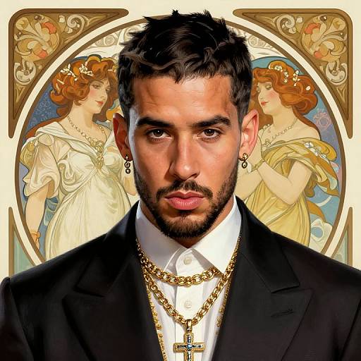 Digital artwork of a handsome, bearded man with dark hair, wearing a black suit, gold chains, and earrings, set against an Art Nouveau