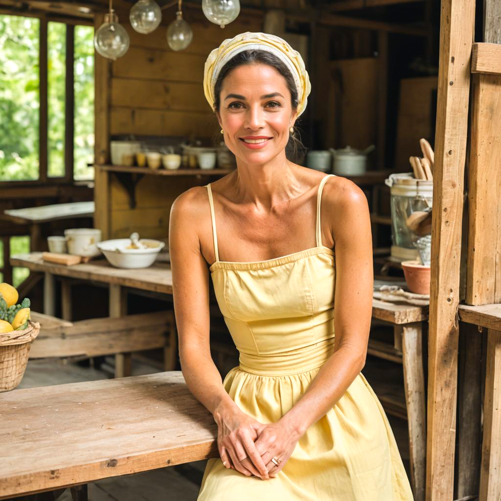 Baker in Pastel Yellow with Rustic Table