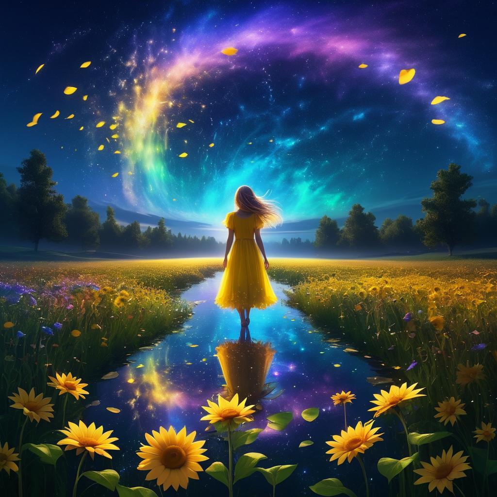 Girl in Meadow Under Colorful Auroras