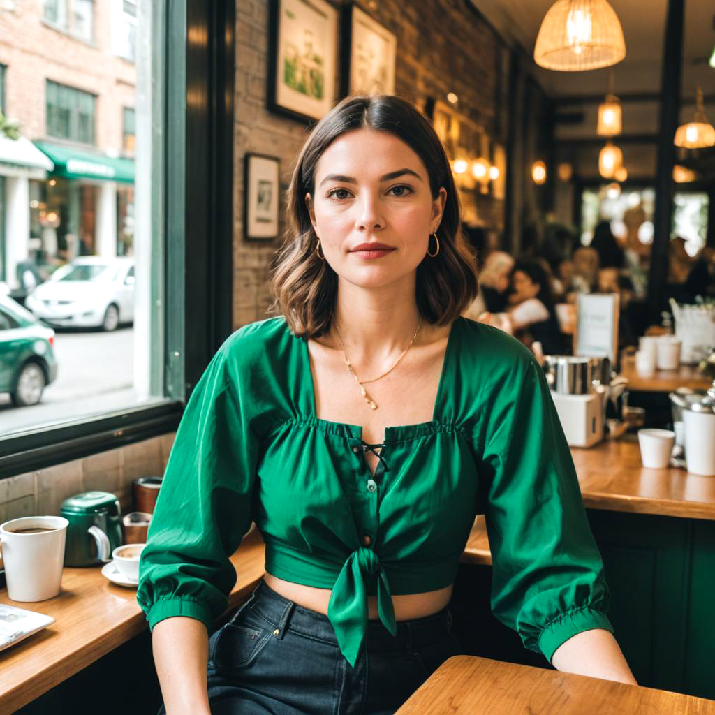 Woman in Emerald Top at Cozy Café