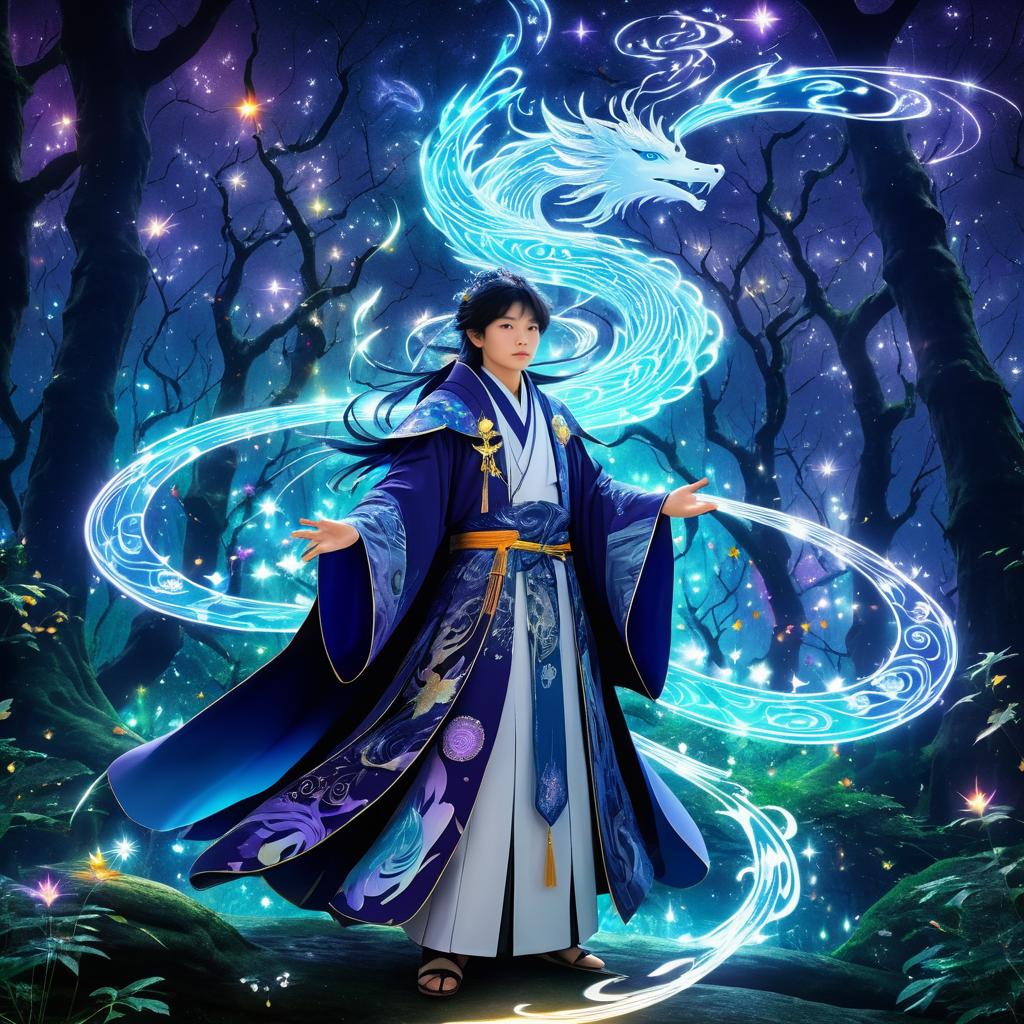 Mystical Mage with Dragon Spirit in Forest