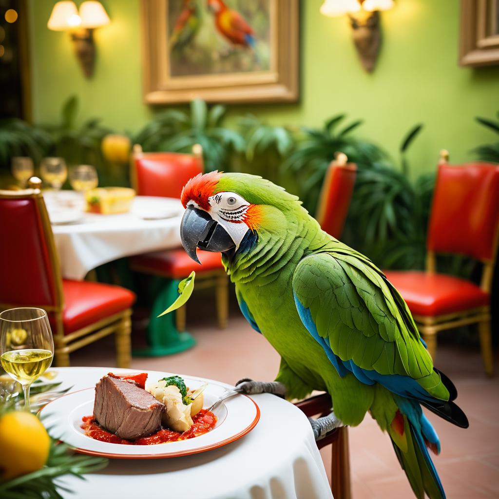 Whimsical Parrot Dining at Italian Restaurant