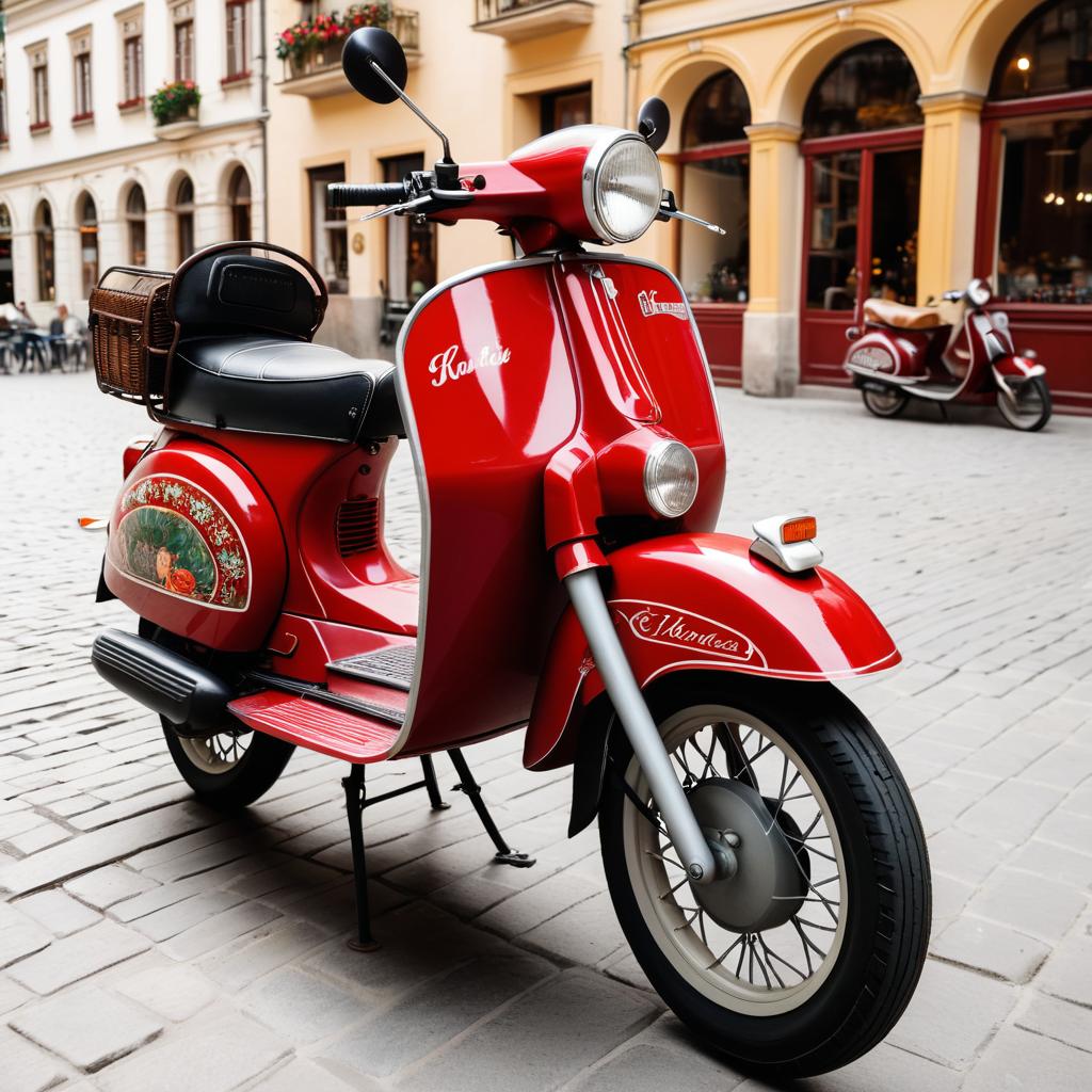 Vintage Red Moped in Historic Town Square