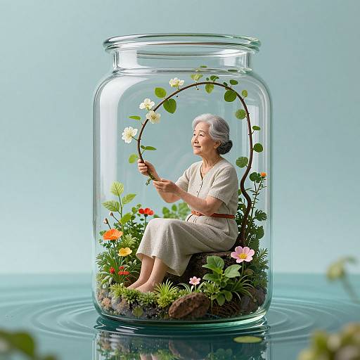 Photograph of an elderly woman with white hair, wearing a beige dress, sitting in a glass jar filled with flowers and greenery, holding a vine