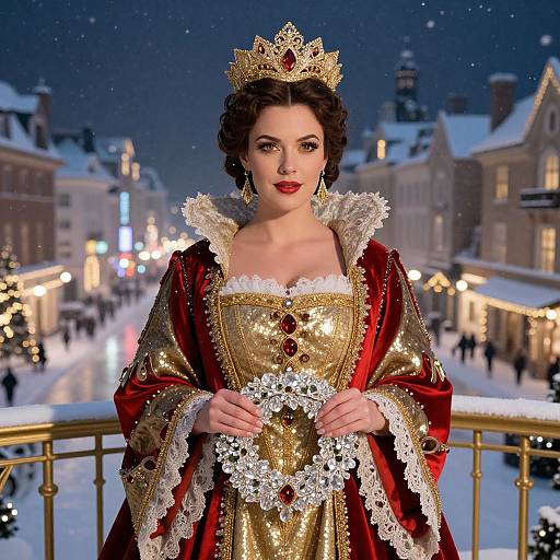 Photograph-style digital artwork of a fair-skinned, red-lipped queen with dark hair, wearing a gold and red lace-trimmed gown,