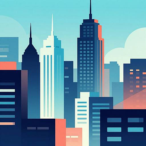 Digital illustration of a city skyline with stylized, geometric buildings in bold blue, white, and red hues against a bright blue sky.